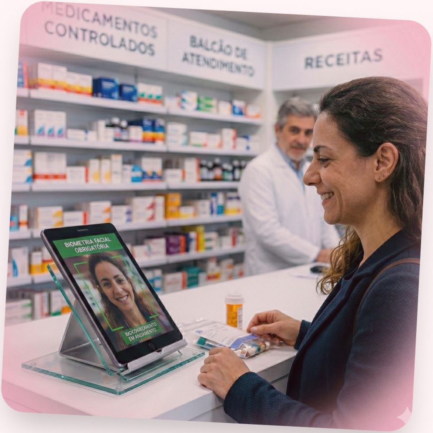 Profissional de saúde utilizando biometria facial em farmácia